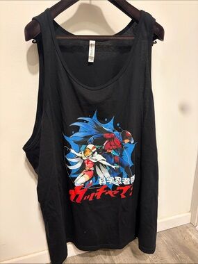 Men's Black Anime Graphic Tank Top with Red & Blue Print